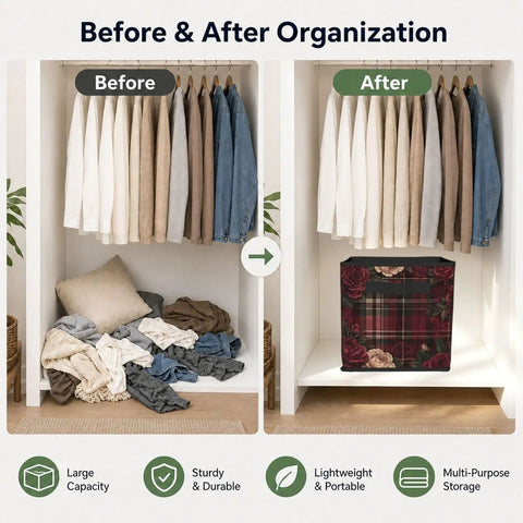 Before and after closet organization with Premium Lightweight Foldable Oxford Fabric Storage Cube Bin in floral design.