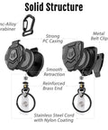 Diagram of Heavy Duty Retractable Keychain With Belt Clip Or Carabiner, 9 Oz Retraction, 31.5 Inch Steel Cable for ID badges.