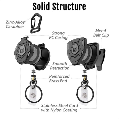 Diagram of Heavy Duty Retractable Keychain With Belt Clip Or Carabiner, 9 Oz Retraction, 31.5 Inch Steel Cable for ID badges.