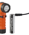 PolyTac 90X USB Right Angle LED Flashlight With Gear Keeper 500 Lumen 7000 Candela 167 Meter Beam Rechargeable Capable Orange Hands Free