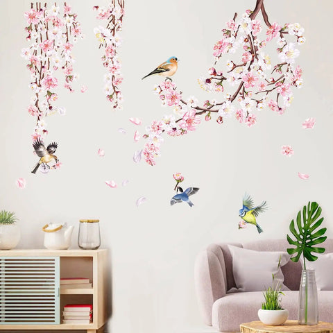 Cherry Blossom Branch Wall Stickers With Pink Flowers And Birds For Bedroom Living Room TV Wall Decor Waterproof Peel And Stick Vinyl Decals