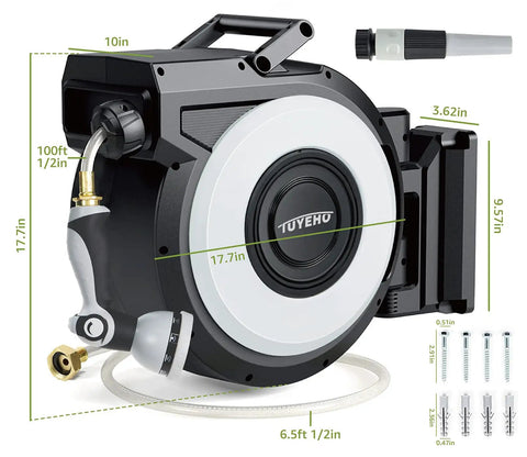 Retractable Garden Hose Reel 100Ft Wall Mount Heavy Duty Auto Rewind With Brass Fittings Leak Resistant 300 PSI Includes 2 Nozzles