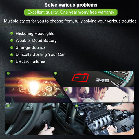 Chart describing solutions for flickering headlights, weak battery, starting issues, and electric failures in vehicles.