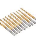 10-piece end mill set with 3-flute Ti-plated cutters and round shanks for engraving, drilling, cutting hardwood, plywood, acrylic