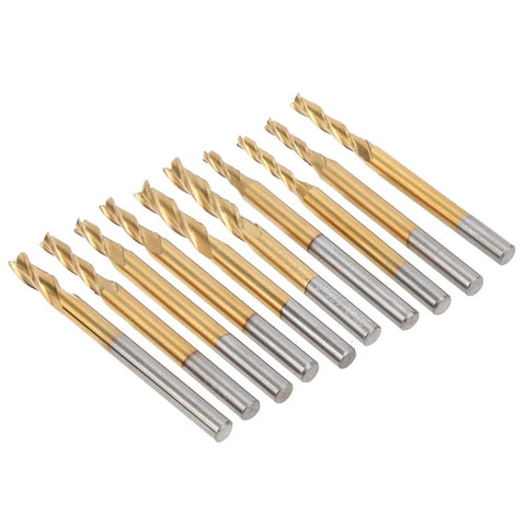 10-piece end mill set with 3-flute Ti-plated cutters and round shanks for engraving, drilling, cutting hardwood, plywood, acrylic