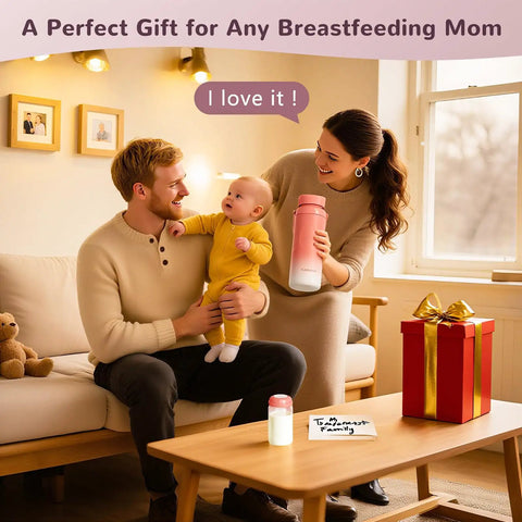 A family with a portable breastmilk cooler for travel and daily grind, reusable 22oz two pack bottle chiller on a table.