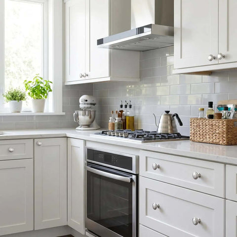 White kitchen with 30 pack stainless steel cabinet knobs 1.18 inch round brushed silver drawer pulls, dope modern minimalist hardware