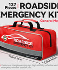 Front view: red General Medi 127-piece roadside emergency kit in a carrying bag with black handles