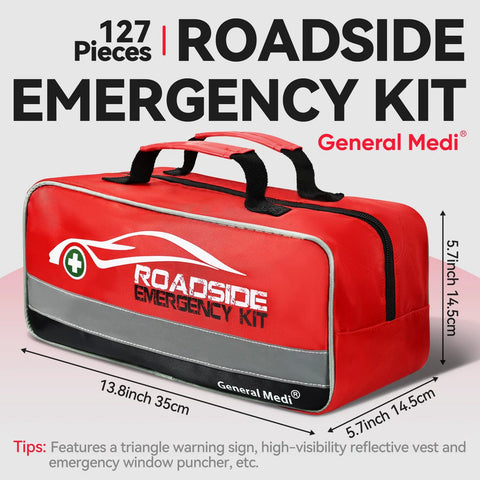 Front view: red General Medi 127-piece roadside emergency kit in a carrying bag with black handles