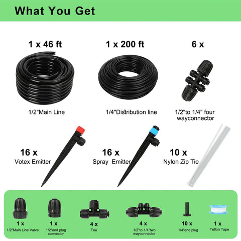 Kit components of Ultimate 250 Ft Drip Irrigation Kit With 50 Ft Half Inch Main Tube And 200 Ft Quarter Inch Tubing Quick Connect System