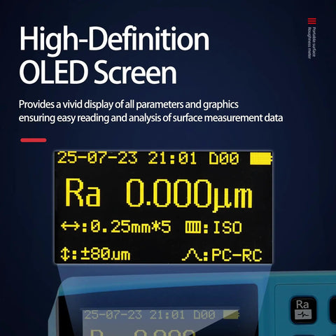 Display screen of Portable Surface Roughness Tester With Ultra-High 0.001μm Resolution, showing Ra measurement data and parameters.
