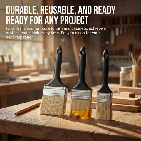 9 Pack Flat Paint Brush Set For Walls And DIY Projects 2 Inch 3 Inch 4 Inch Brushes With Soft Rayon Bristles On a Wooden Table
