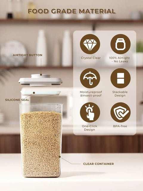 Airtight Food Storage Container With One Hand Pop Lid, 4.22 Quart, BPA Free, showing airtight button and silicone seal with rice inside.