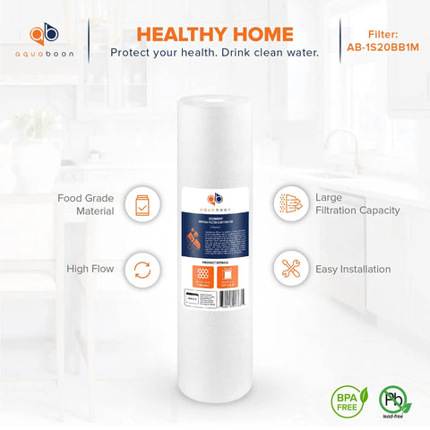 1 Micron Sediment Water Filter Replacement Cartridge 20 Inch By 4.5 Inch For Your Whole House Filtration Compatible With AP810 2 SDC 45 2005 FPMB5 20 P5 20 FP25B 155358 43 Six Pack shown with features and benefits.