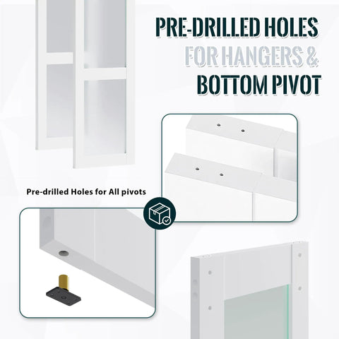 Pre-drilled holes for hangers and bottom pivot on Kickback Style Bifold Barn Doors with Frosted Glass panels 28X84 Inches.