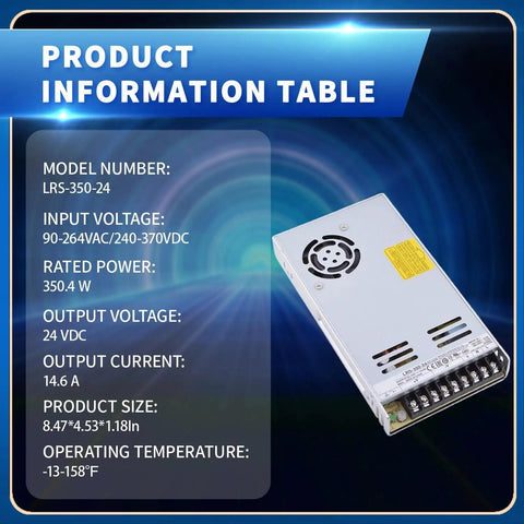 Space-Saving 1U Enclosed Power Supply 24V DC 350W 14.6A For Control Cabinets, Slim High Power Module With Wide Input 90-264VAC Or 240-370VDC, Durable Enclosed Design For Quiet, Reliable Output. silver metal power supply, 215x115x30mm