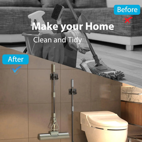 Before and after of Mop Broom Holder Wall Mount With Shelf And Hooks Self Adhesive Sturdy in bathroom setup