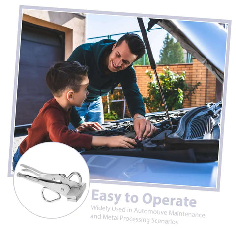 Father and son using adjustable auto body sheet metal clamp tool for welding and repair with locking pliers near car engine