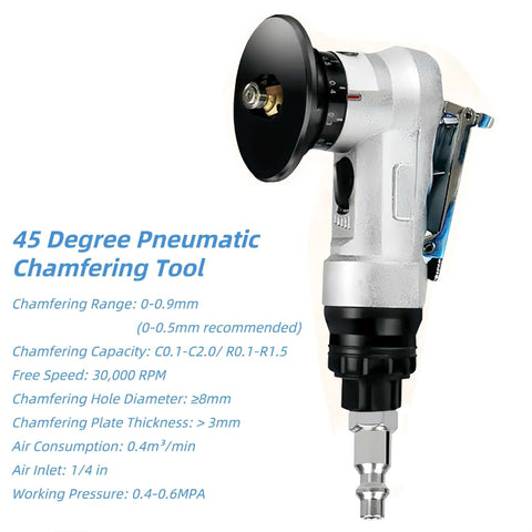 45-degree pneumatic chamfering tool for metalworking with 1/4 in air inlet.
