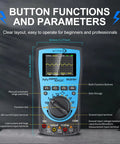 Front view of Two In One Portable Oscilloscope And Multimeter with labeled buttons and features in blue/black housing