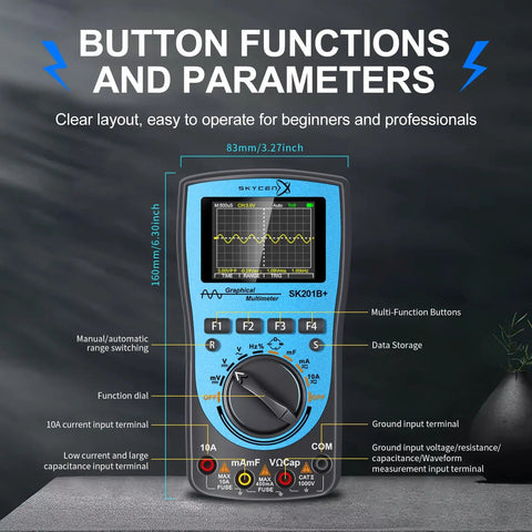 Front view of Two In One Portable Oscilloscope And Multimeter with labeled buttons and features in blue/black housing
