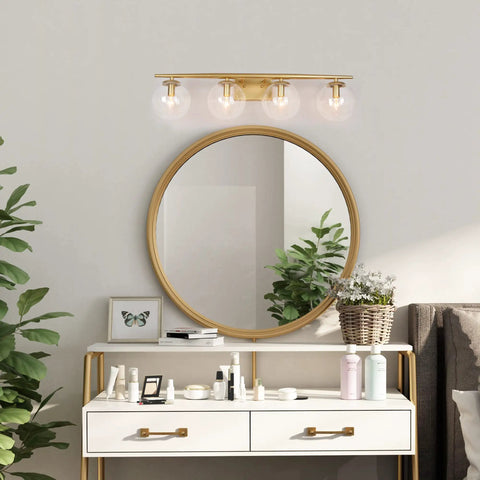 Gold Vanity Light Fixture For Bathroom Over Mirror With Four Lights, Clear Globe Glass Shades, above modern dressing table