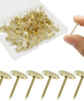 Real Deal Gold Flat Head Thumb Tacks One Hundred Pack Killer Quality Solid Metal Drawing Pins displayed in a case with a hand holding one.