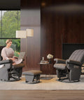 Living room setup with 360 Degree Swivel Glider Recliner Chair With Ottoman And Double Side Pockets, Ultra Cozy Linen Gray Chair