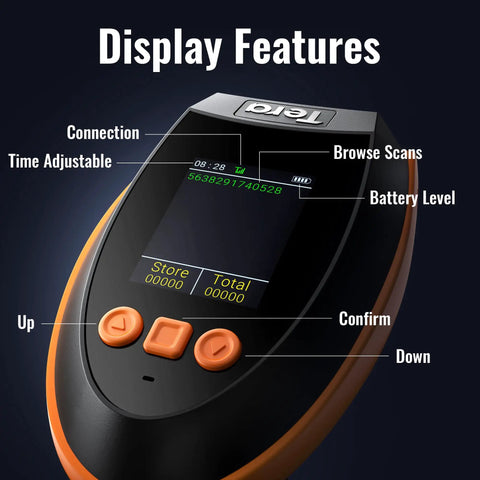 Wireless Barcode Scanner With Screen Pro Version 1D 2D QR Handheld Reader display showing buttons for time, scans, and battery level