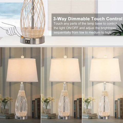 Coastal Glass Table Lamps Set of 2 with Rattan Wicker, 26.5 Inch Nautical Bedside Lamps, 3 Way Dimmable Touch Control features