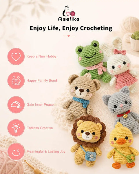 Colorful crochet animals made from No-Brainer Crochet Starter Kit For Beginners With Ergonomic Hooks And 59-Piece Yarn Bundle All-In-One Set.
