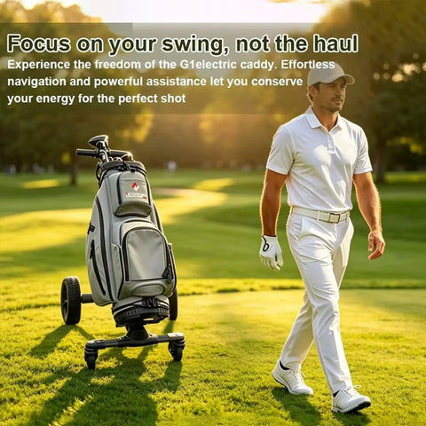 Built Tough Smart Follow Electric Golf Push Cart With Dual Radar Tracking and App Remote Control One Click Foldable Frame in use on grassy course.