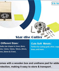 Disc Cutter Set With 10 Star Punches, wooden box and urethane pad for DIY jewelry, sizes 5mm to 31mm for nonferrous metals like gold, silver.