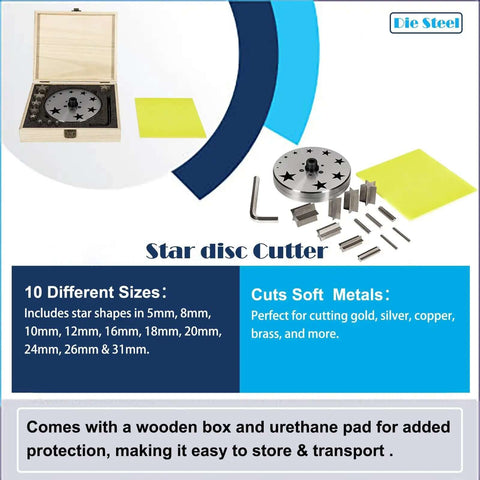 Disc Cutter Set With 10 Star Punches, wooden box and urethane pad for DIY jewelry, sizes 5mm to 31mm for nonferrous metals like gold, silver.
