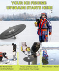 Collage showing Ice Fishing Auger Drill Adapter For One Half Inch Drill Chuck Easy Install, with ice fishing scenes.