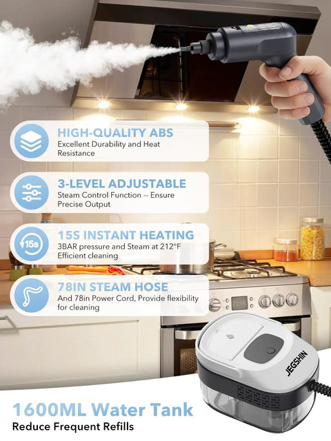 Hardcore Heavy Duty Steam Cleaner With Three Adjustable Pressure Settings And Blazing Fast Heat Up, showcasing steam nozzle and water tank.