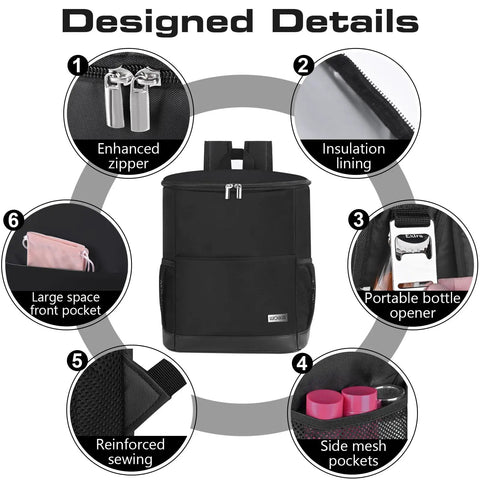 Insulated Cooler Backpack for Travel and Camping, Leak Proof Soft Sided Backpack Cooler Keeps 12 Hours Cold or Hot, Lightweight Waterproof 30 Can Capacity features.