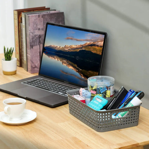 Durable Gray Plastic Storage Baskets 8 Pack With Ventilated Design holding office supplies on a desk