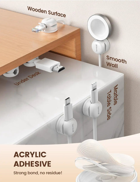 Six Pack 360 Degree Rotatable Cord Organizer Clips with One Second Lock Spring Cord Holder installed on desk and wall surfaces