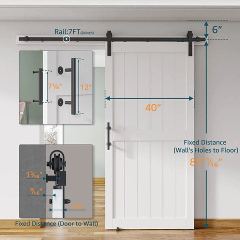 Smooth Sliding Barn Door Hardware Kit 40X84 Inch Rustic Wood Panel Room Divider dimensions and installation details with measurements.