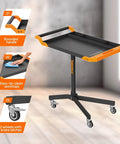 Mobile Rolling Tool Cart With 8 Adjustable Heights From 34.25 To 48.03 Inches Adjustable Work Bench For Garage 110 Lb Capacity On Wheels Multi Scene Work Table In Orange Easy Glide Swivel Wheels And Locking Casters, front view