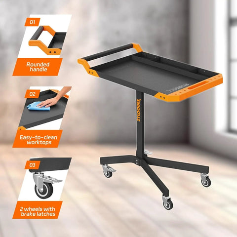 Mobile Rolling Tool Cart With 8 Adjustable Heights From 34.25 To 48.03 Inches Adjustable Work Bench For Garage 110 Lb Capacity On Wheels Multi Scene Work Table In Orange Easy Glide Swivel Wheels And Locking Casters, front view