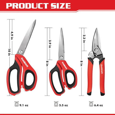 Beastly Heavy Duty Multipurpose Shop Scissors With Drop Forged Blades And Serrated Edge, showing 10in, 8in, 8in sizes.
