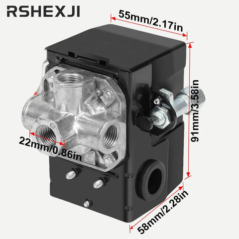 Universal Air Compressor Pressure Switch 4 Port One Quarter Inch NPT 95 125 PSI Cut In Cut Out With Unloader Valve side view