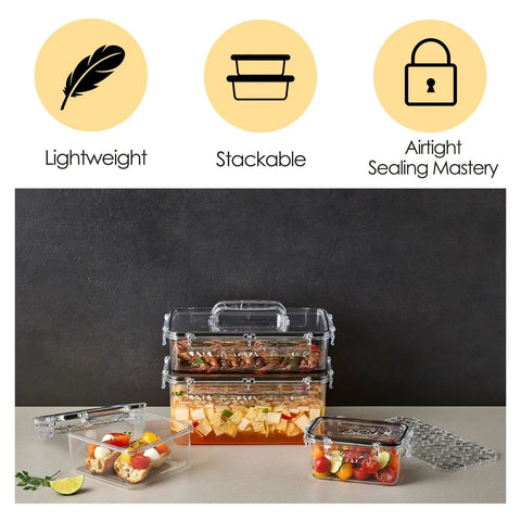 Airtight Food Storage Container With Lid 13.5oz - Leak-Proof Baby Food Box, BPA-Free, stackable design, transparent, filled with food.