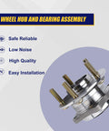 Beefed Up Front And Rear Wheel Bearing And Hub Assembly 513266 For Hyundai Santa Fe Veracruz And Kia Sorento 2007 To 2018 With Five Lug Bolts Without ABS Front And Rear Wheel Hub Replacement For AWD Vehicles displayed with four features: Safe Reliable, Low Noise, High Quality, and Easy Installation.