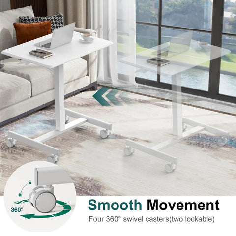Go To Mobile Rolling Laptop Desk With Two Lockable Wheels Height Adjustable Sit Stand Computer Workstation in white