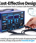Close-up of 862BD+ 2-In-1 Soldering Iron And Hot Air Rework Station with Fahrenheit and Celsius Control, showing connectors.
