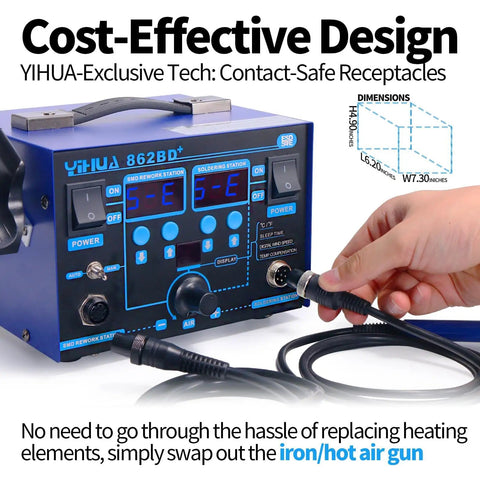 Close-up of 862BD+ 2-In-1 Soldering Iron And Hot Air Rework Station with Fahrenheit and Celsius Control, showing connectors.