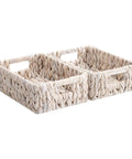 Water Hyacinth Wicker Storage Baskets For Organizing On Shelves And In Pantry White Two Pack Perfect For Towels Snacks Laundry Supplies Bins Eleven And A Quarter By Seven And A Half By Three And A Half Inches, side view of two white baskets.